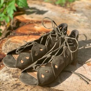 Army green lace up sandals.